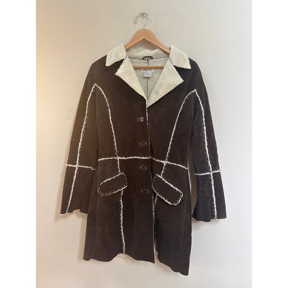 Vintage Y2K Wet Seal Chocolate Brown Suede Sherpa Lined Pennylane Trench Coat M - Picture 1 of 4
